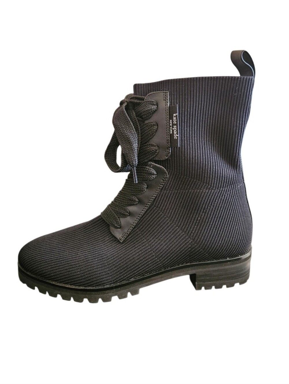 Kate Spade New York Merigue Black Ribbed Stretch Lace-Up Combat Boots Sz 8 NEW